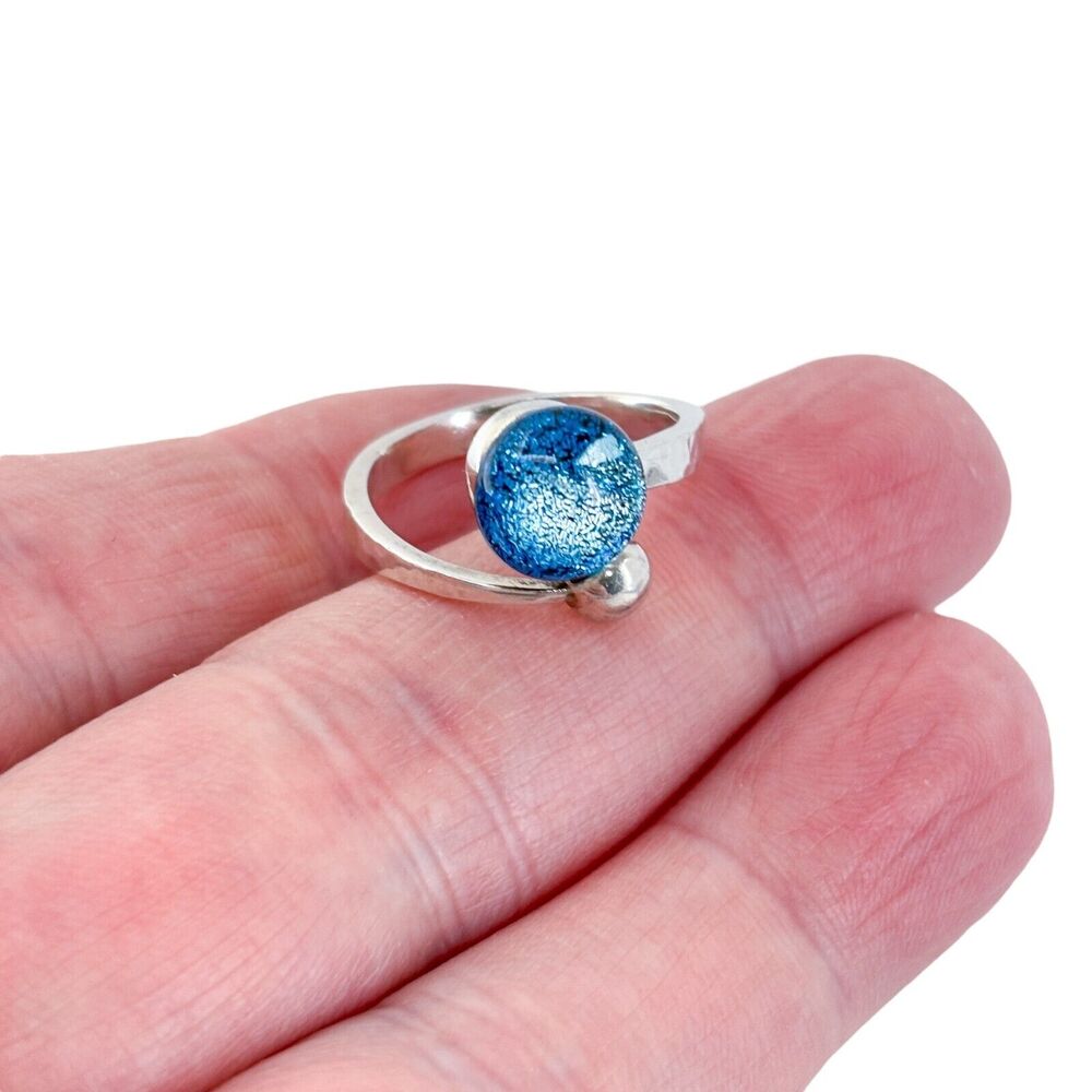 Estate Sterling Silver 925 Blue Dichroic Glass Ring Size 8